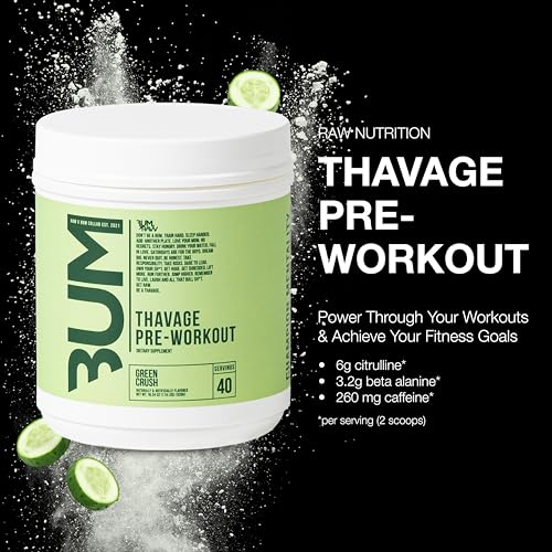 RAW Preworkout Powder, Thavage (Green Crush) - Chris Bumstead Sports Nutrition Supplement for Men & Women - Cbum Pre Workout for Working Out, Hydration, Mental Focus & Energy - 40 Servings