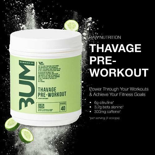 RAW Preworkout Powder, Thavage (Green Crush) - Chris Bumstead Sports Nutrition Supplement for Men & Women - Cbum Pre Workout for Working Out, Hydration, Mental Focus & Energy - 40 Servings
