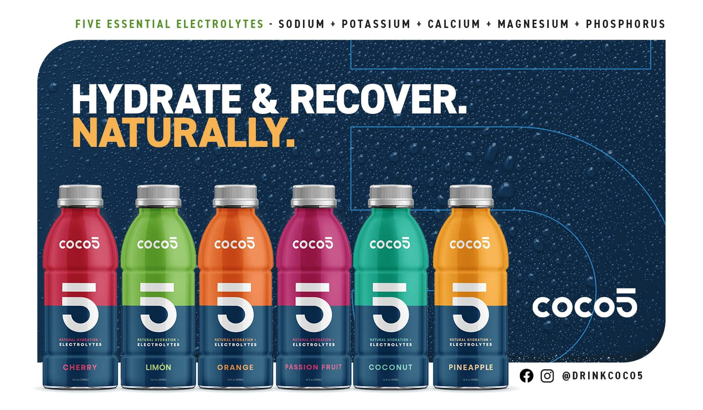 Coco5 Clean Sports Hydration Cherry Flavor | 100% Natural | 50% Less Sugar | Nothing Artificial | Non-GMO | Gluten Free | Developed by Pro Trainers for Pro Athletes | 16.9 OZ (Pack - 12)