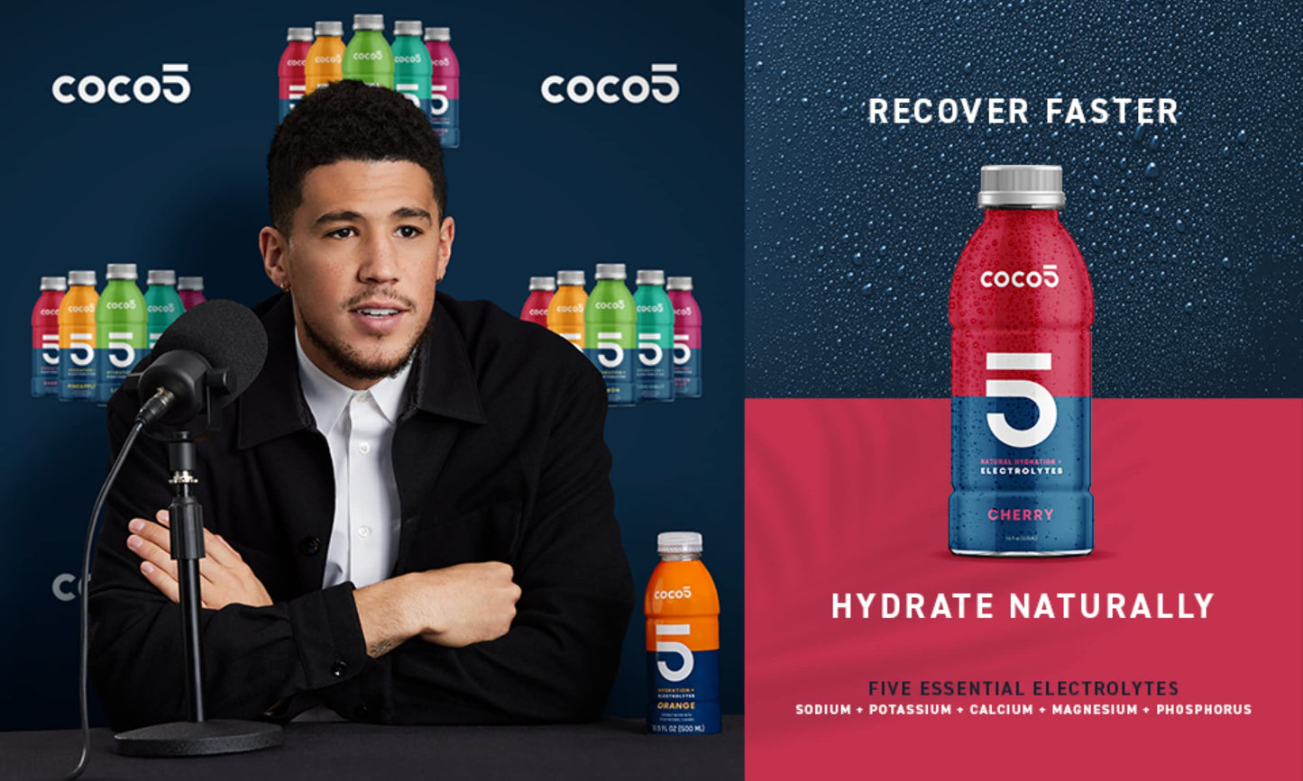 Coco5 Clean Sports Hydration Cherry Flavor | 100% Natural | 50% Less Sugar | Nothing Artificial | Non-GMO | Gluten Free | Developed by Pro Trainers for Pro Athletes | 16.9 OZ (Pack - 12)