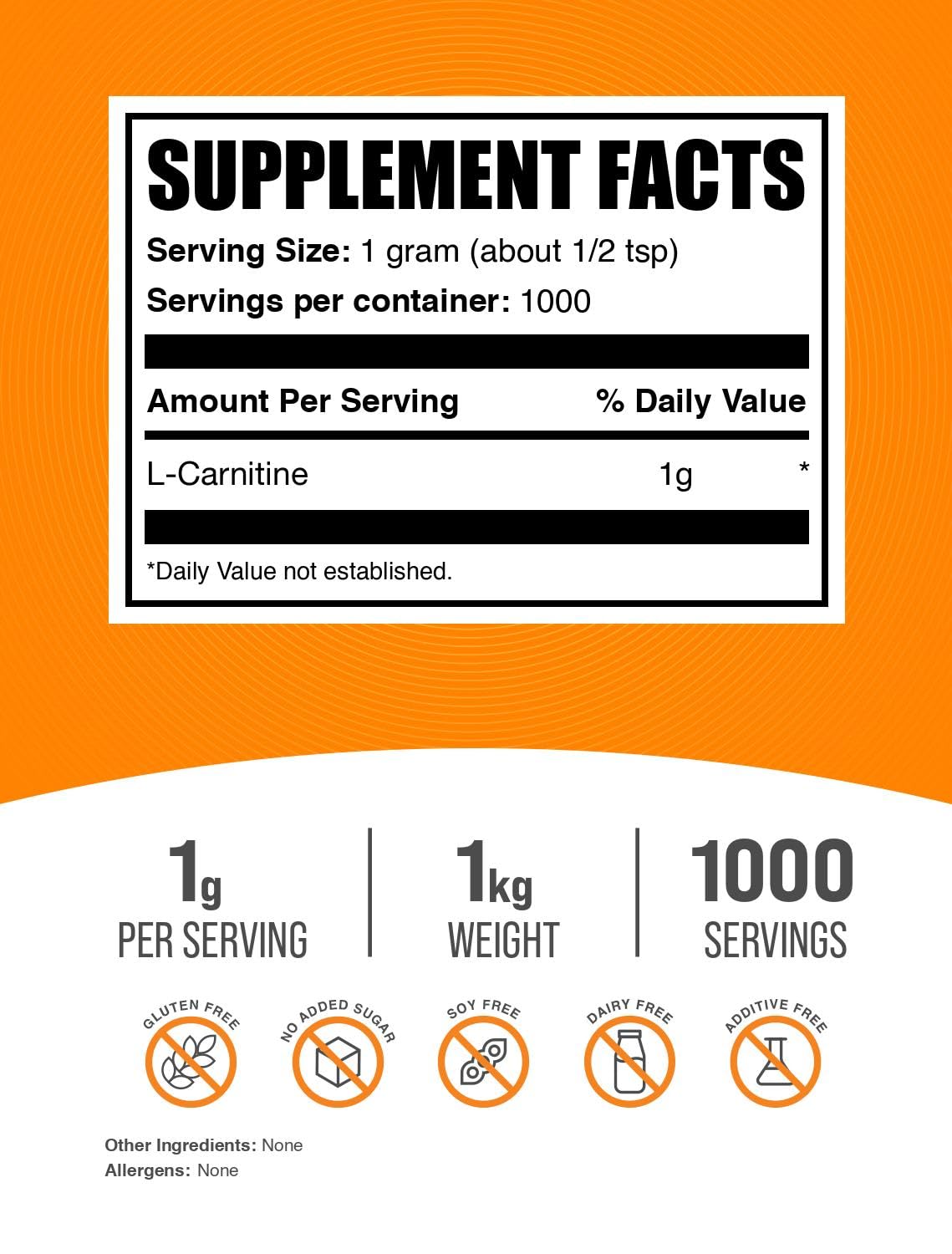 BulkSupplements.com L-Carnitine Powder - Carnitine Supplement, L Carnitine 1000mg, Carnitine Powder - Amino Acid Supplement, Gluten Free, 1g per Serving, 250g (8.8 oz) (Pack of 1)