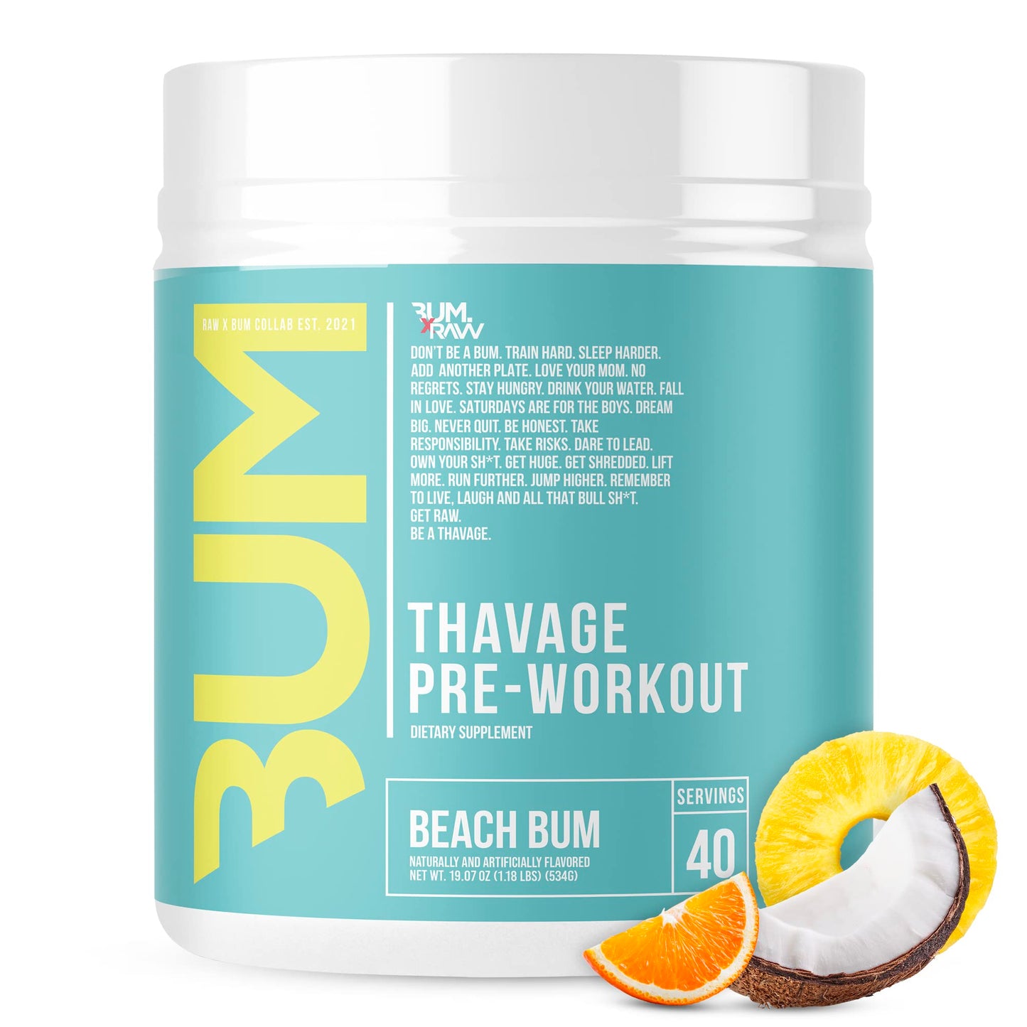RAW Preworkout Powder, Thavage (Green Crush) - Chris Bumstead Sports Nutrition Supplement for Men & Women - Cbum Pre Workout for Working Out, Hydration, Mental Focus & Energy - 40 Servings