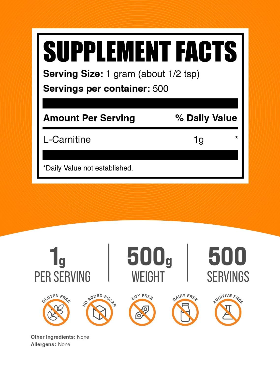 BulkSupplements.com L-Carnitine Powder - Carnitine Supplement, L Carnitine 1000mg, Carnitine Powder - Amino Acid Supplement, Gluten Free, 1g per Serving, 250g (8.8 oz) (Pack of 1)