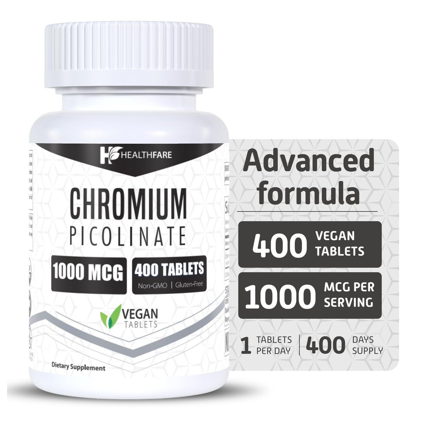 Chromium Picolinate 1000mcg | 400 Tablets | Support Carbohydrate Breakdown & Metabolism | Non-GMO and Gluten-Free by HealthFare