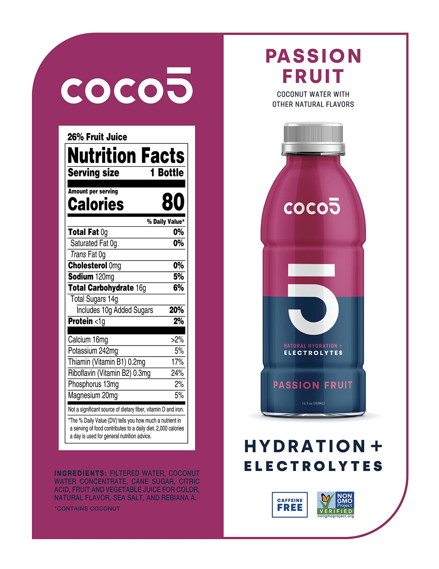 Coco5 Clean Sports Hydration Cherry Flavor | 100% Natural | 50% Less Sugar | Nothing Artificial | Non-GMO | Gluten Free | Developed by Pro Trainers for Pro Athletes | 16.9 OZ (Pack - 12)