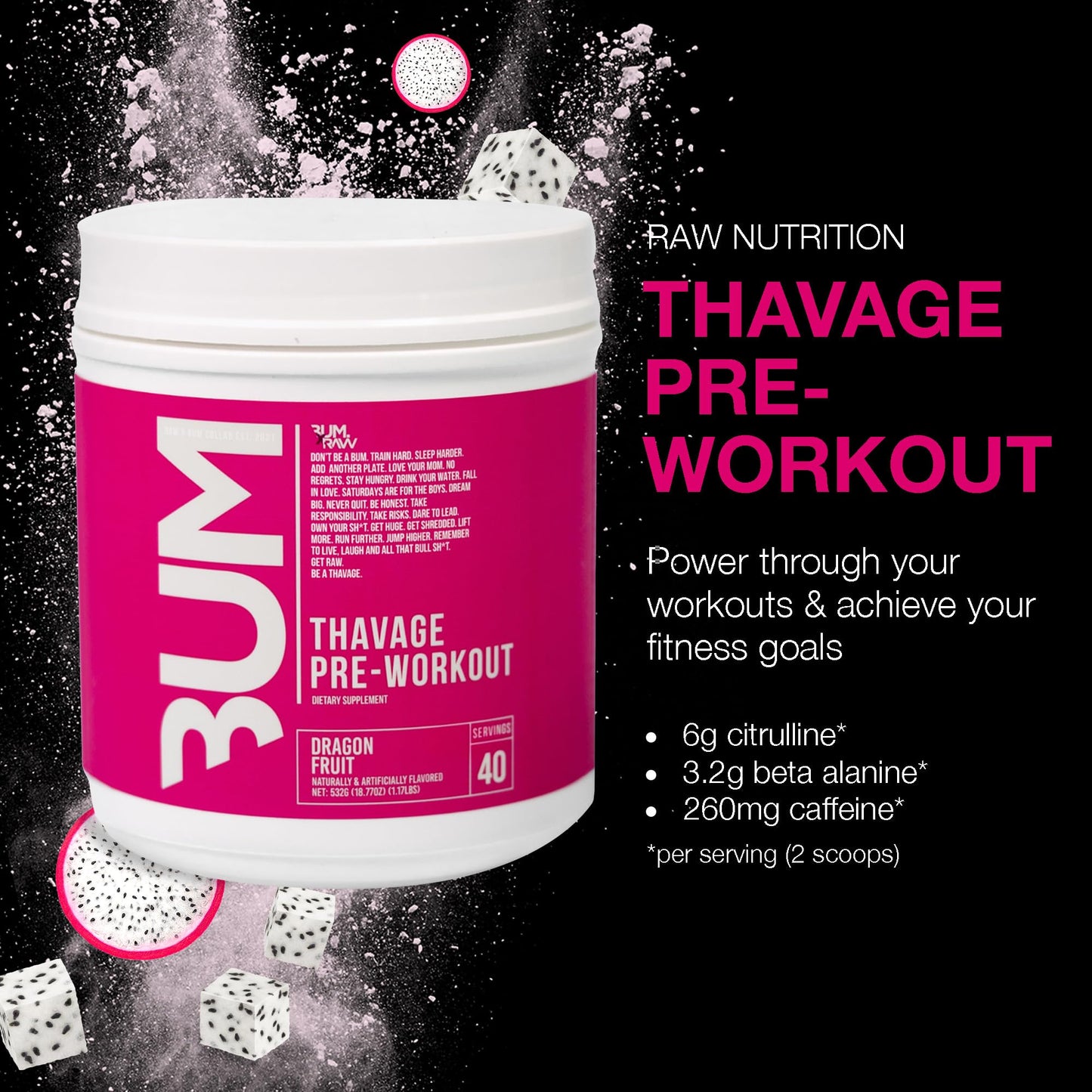 RAW Preworkout Powder, Thavage (Green Crush) - Chris Bumstead Sports Nutrition Supplement for Men & Women - Cbum Pre Workout for Working Out, Hydration, Mental Focus & Energy - 40 Servings