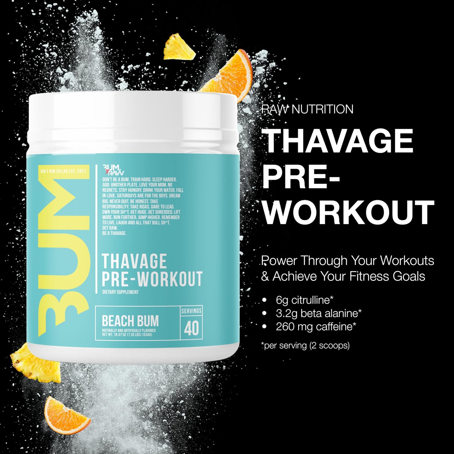 RAW Preworkout Powder, Thavage (Green Crush) - Chris Bumstead Sports Nutrition Supplement for Men & Women - Cbum Pre Workout for Working Out, Hydration, Mental Focus & Energy - 40 Servings