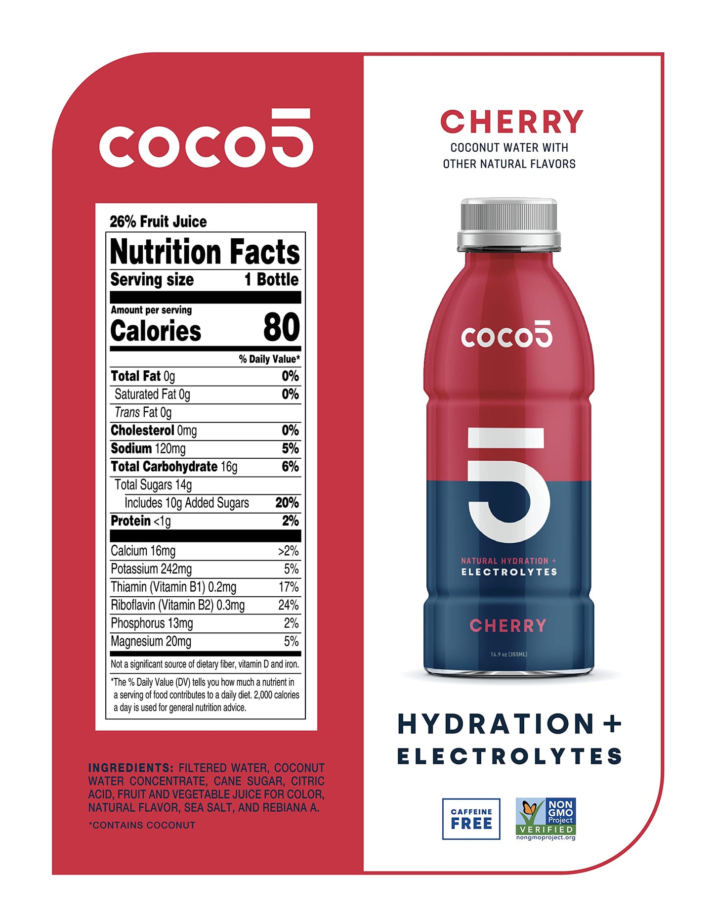 Coco5 Clean Sports Hydration Cherry Flavor | 100% Natural | 50% Less Sugar | Nothing Artificial | Non-GMO | Gluten Free | Developed by Pro Trainers for Pro Athletes | 16.9 OZ (Pack - 12)
