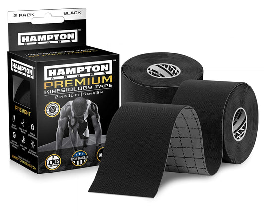Hampton Adams (2 Pack) Kinesiology Tape for Physical Therapy Sports Athletes – Latex Free Elastic, 16ft Water Resistant Kinetic Uncut Kinesiology Tape for Knee Pain, Elbow & Shoulder Muscle - Black